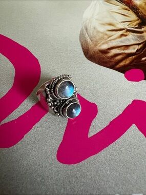 Sterling Silver 925 Ring with 2 round smooth  labradorite stones size 5.5